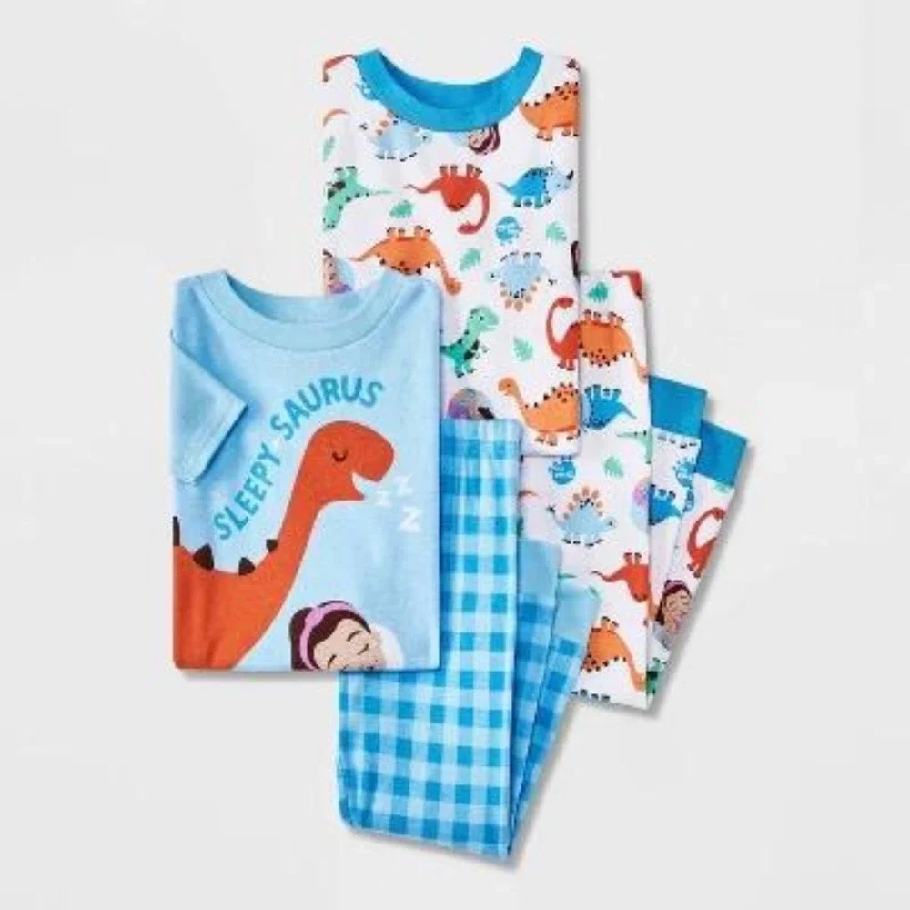 Ms. Rachel Kids 4-Piece Pajama Set Sleepy Saurus Dinosaur GinghamBlue Multicolor